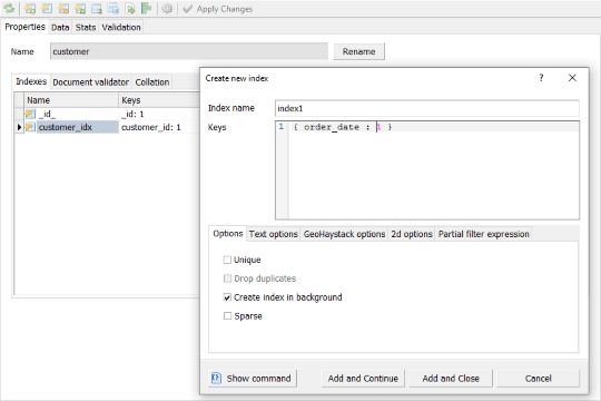 Collection Editor - Create New Index dialog