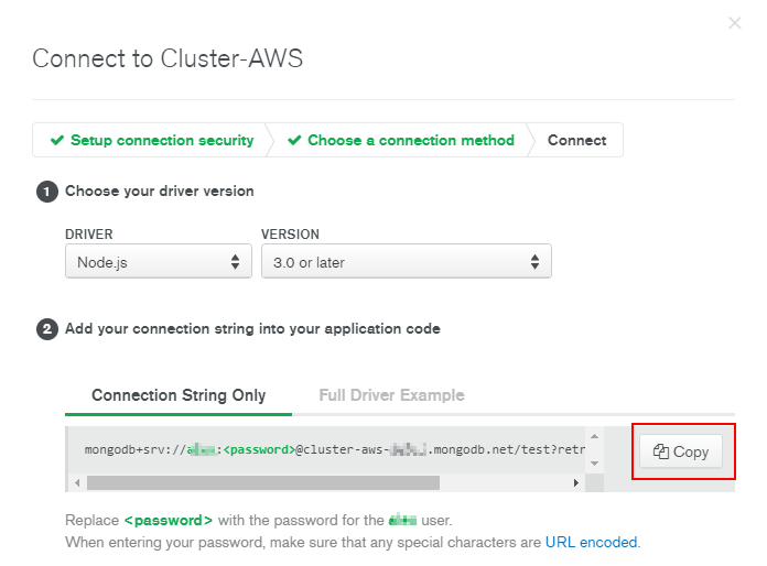 Connect to Cluster-AWS: click Copy to copy MongoDB connection string