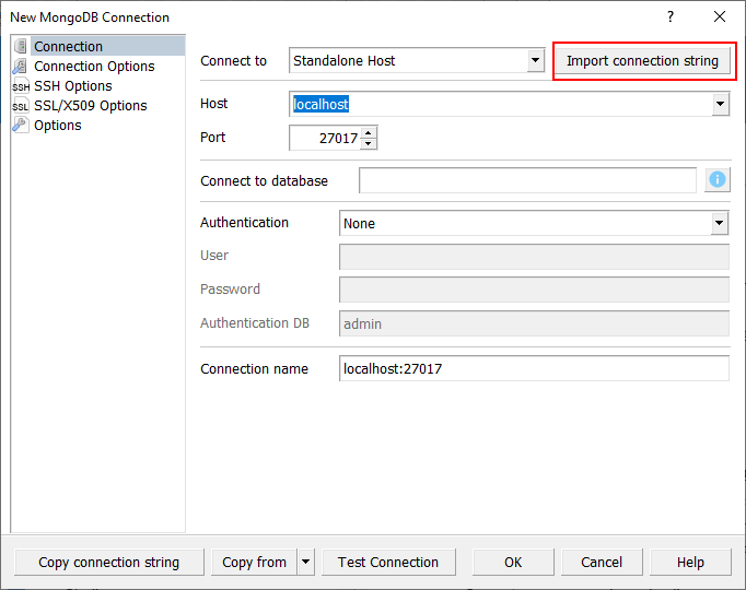New MongoDB Connection dialog: click Import connection string