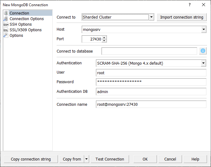 Sharded cluster connection dialog