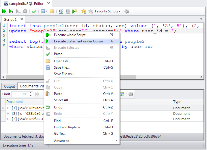 SQL Editor: Execute commands
